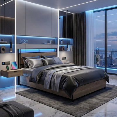 Modern Double Bed Frame with LED Lighting, Charging Ports, Storage Drawers