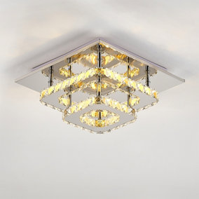 Modern Double Tiers Square Crystal Chrome Effect LED Ceiling Light Fixture Dimmable