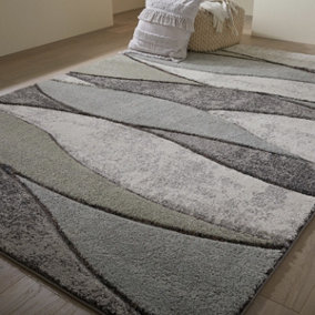 Modern Easy to Clean Abstract Contemporary Grey Rug for Dining Room-120cm X 170cm