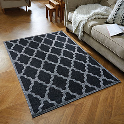 Modern Easy to Clean Anti-Slip Geometric Flatweave Black Rug for Dining ...