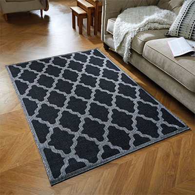 Modern Easy to Clean Anti-Slip Geometric Flatweave Black Rug for Dining Rug-160cm X 225cm