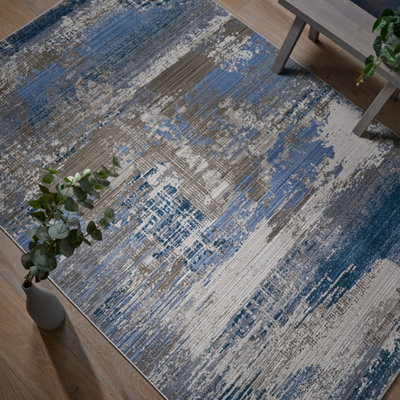 Modern Easy to Clean Blue Abstract Living Room Dining Room Bedroom Rug
