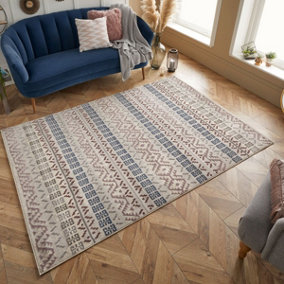 Modern Easy to Clean Blue Geometric Striped Rug for Dining Room-160cm X 230cm