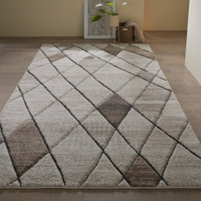 Modern Easy to Clean Chequered Geometric Contemporary Grey Rug for Dining Room-120cm X 170cm