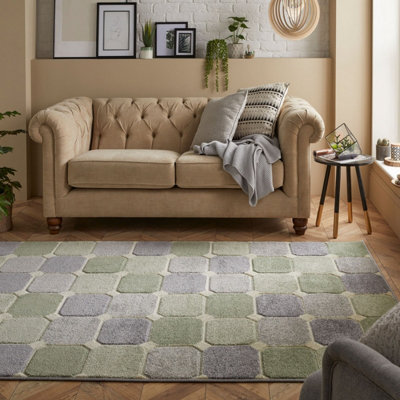 Modern Easy to Clean Chequered Geometric Green Rug for Dining Room-120cm X 170cm