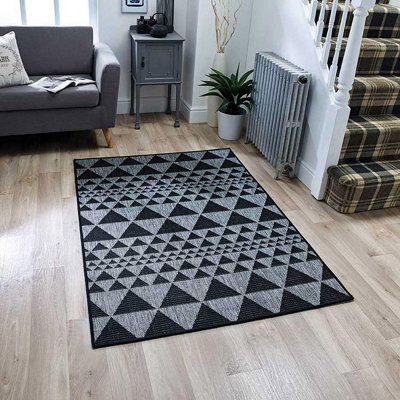 Modern Easy to Clean Flatweave Anti-Slip Geometric Black Rug for Dining Rug-60cm X 110cm