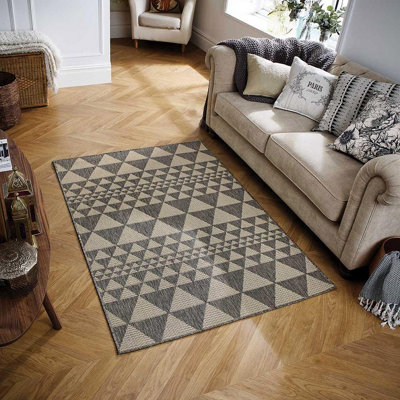 Modern Easy to Clean Flatweave Anti-Slip Geometric Grey Rug for Dining Rug-80cm X 150cm