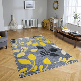 Modern Easy to Clean Floral Grey Rug for Dining Room-120cm X 170cm
