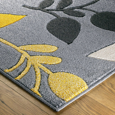 Modern Easy to Clean Floral Grey Rug for Dining Room-80cm X 150cm