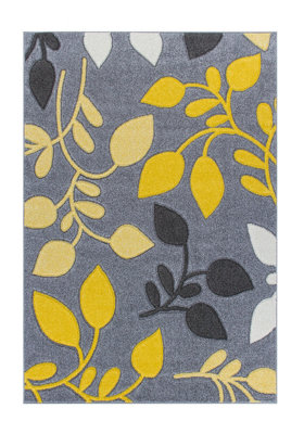 Modern Easy to Clean Floral Grey Rug for Dining Room-80cm X 150cm