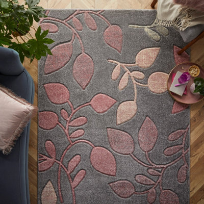 Modern Easy to Clean Floral Pink Rug for Dining Room-160cm X 230cm ...