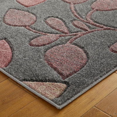 Modern Easy to Clean Floral Pink Rug for Dining Room-200cm X 285cm