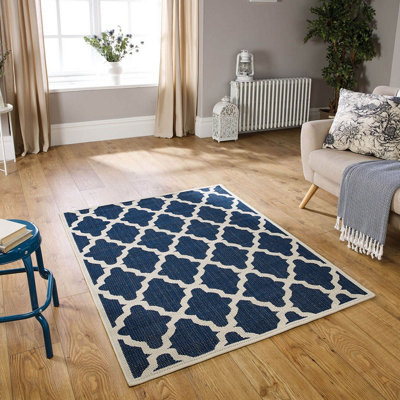 Modern Easy to Clean Geometric Flatweave Blue Dining Room Rug-120cm X 160cm