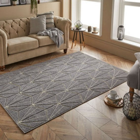Modern Easy to Clean Geometric Optical 3D Grey Rug for Dining Room-120cm X 170cm