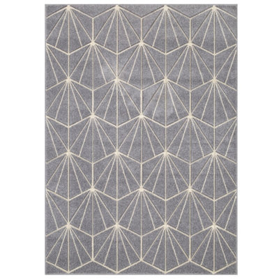Modern Easy to Clean Geometric Optical 3D Grey Rug for Dining Room-160cm X 230cm