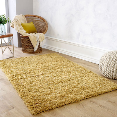 Modern Easy to Clean Gold Plain Shaggy Rug for Living Room and Bedroom ...