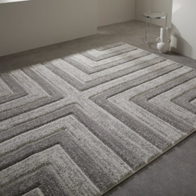Modern Easy to Clean Grey Geometric Optical 3D Rug for Dining Room-120cm X 170cm