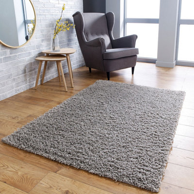 Modern Easy to Clean Grey Plain Shaggy Rug for Living Room & Bedroom ...