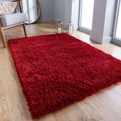 Modern Easy to Clean Red Plain Shaggy Rug for Dining Rug-60cm X 120cm
