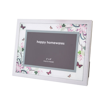 Modern Elegant Brushed Silver 4x6 Photo Frame with Floral and