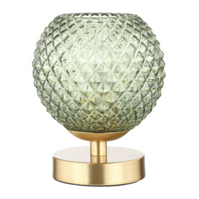Modern Emerald Green Glass and Brushed Gold Plated Compact Table Lamp 17cm High