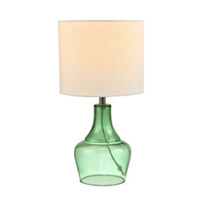 Modern Emerald Green Glass Lamp with Natural Linen Fabric Shade and Clear Cable