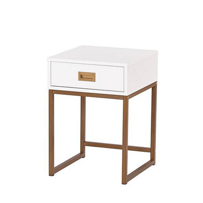 Modern End Table with Storage Drawer, White and Gold Metal Frame ...