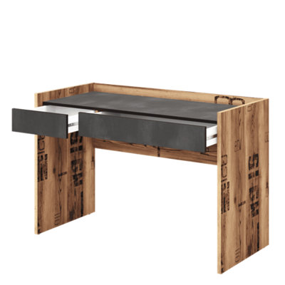 Modern Fargo Computer Desk with Drawers in Raw Steel & Canyon Alpine Spruce W1200mm x H800mm x D550mm - Ideal for Study and Work