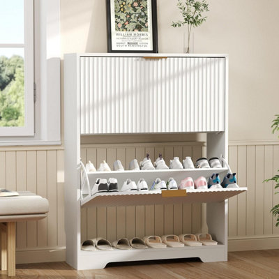 Modern Fluted Shoe Cabinet with 3 Flip Drawer,Slim Wooden Shoe Storage ...