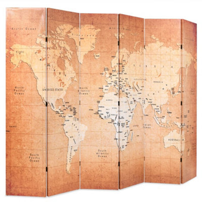 Modern Folding Room Divider 228x170 cm World Map Yellow