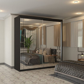 Modern Full Mirror Sliding Wardrobe with Sensor LED Light & Contemporary Design Black 200cm