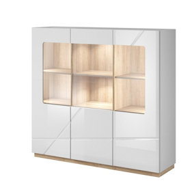 Modern Futura Display Cabinet with LED Lights for Displaying Your Objects in White Gloss & Oak Riviera W1500mm x H1410mm x D410mm