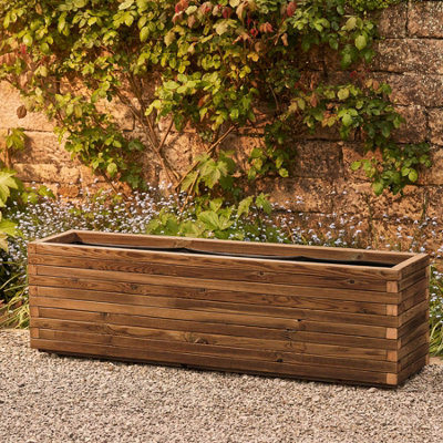 Modern Garden Planter Medium Oak Fully Assembled & Lined L150 x W40 x H60cm 175L Capacity With Heavy Duty Castors