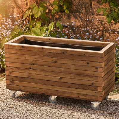 Modern Garden Planter Medium Oak Fully Assembled & Lined With Heavy Duty Castors L100 x W40 x H60cm 115L Capacity