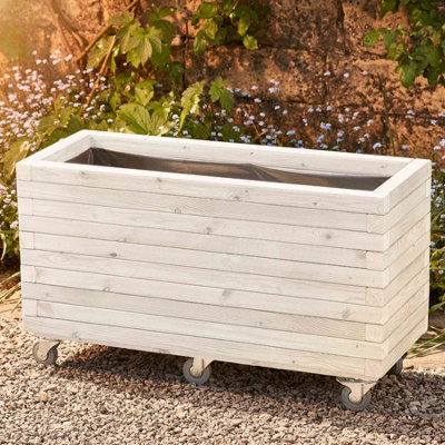 Modern Garden Planter Soft White Fully Assembled & Lined With Heavy Duty Castors L100 x W40 x H60cm 115L Capacity