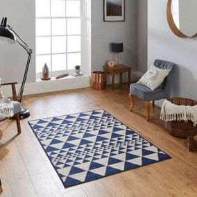 Modern Geometric Easy to Clean Flatweave Anti-Slip Blue Rug for Dining Room-120cm X 160cm