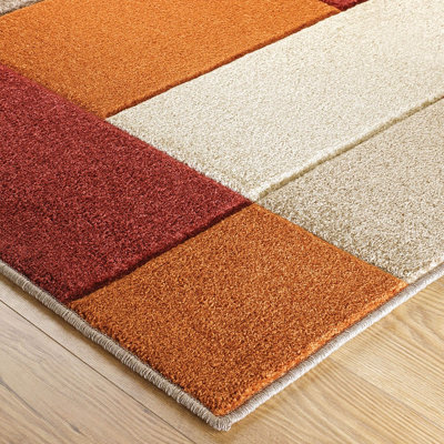 Modern Geometric Easy to Clean Orange Dining Room Rug-80cm X 150cm