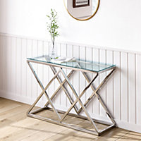 Modern Glass Rectangular Console Table End Bedside Table with Metal Base 120cm W x 40cm D x 78cm H