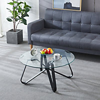 Modern Glass Top Round Coffee Table with Black Metal Leg Dia  800mm