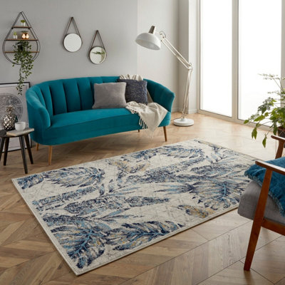 Modern Graphic Easy to Clean Blue Cream Floral Dining Room Rug-120cm X ...