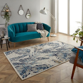 Modern Graphic Easy to Clean Blue Cream Floral Dining Room Rug-120cm X 170cm