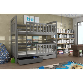 Modern Graphite Seb Wooden Bunk Bed for Children with Bonnell Mattresses (H)1710mm (W)1980mm (D)980mm with Smart Storage