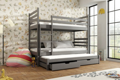 Modern Graphite Tomi Bunk Bed with Trundle, Foam Mattresses and Storage for Kids (H)1610mm (W)1980mm (D)980mm, Compact Design