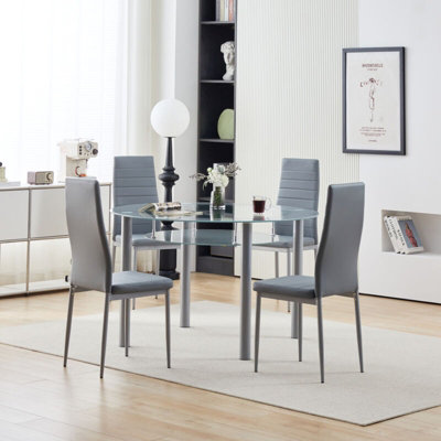 Modern Grey 5 Piece Round Glass 1200mm Table Dining Set Faux Leather ...