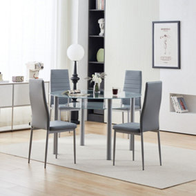 Modern Grey 5 Piece Round Glass 1200mm Table Dining Set Faux Leather Upholstered Chairs