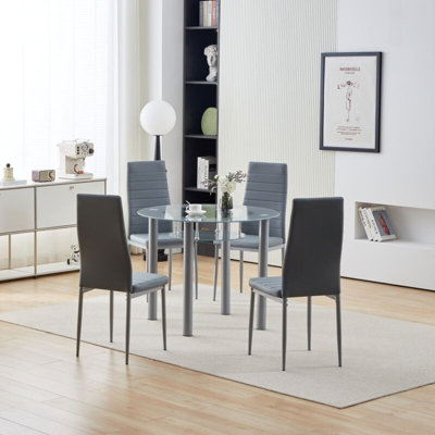 Modern Grey 5 Piece Round Glass 900mm Table Dining Set Faux Leather ...