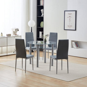 Modern Grey 5 Piece Round Glass 900mm Table Dining Set Faux Leather Upholstered Chairs