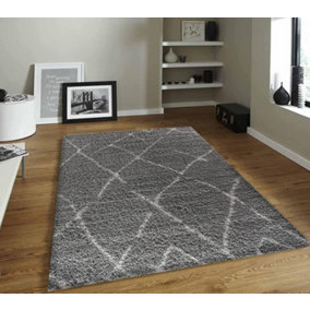Modern Grey-540 Geometric Marrakesh Shaggy Area Rug, Hallway Carpet Runner - 120x170 cm