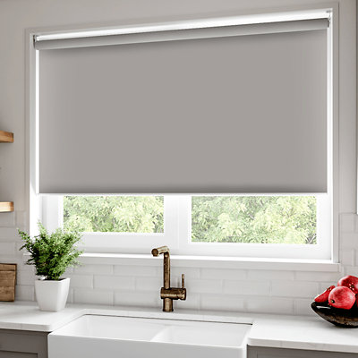 Modern grey blinds over a sink.