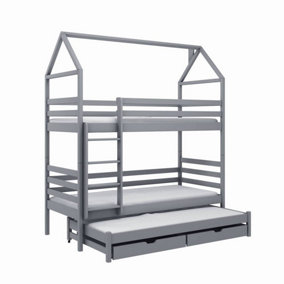 Modern Grey Dhalia Bunk Bed with Trundle & Foam Bonnell Mattresses - Space-Efficient (H2170mm W1980mm D980mm)